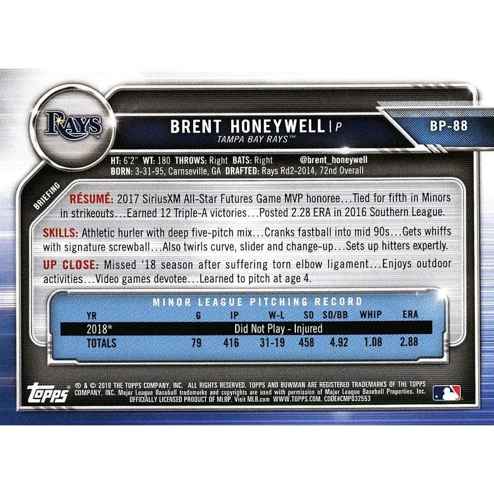 2019 Bowman Prospects Brent Honeywell #BP-88 Tampa Bay Rays